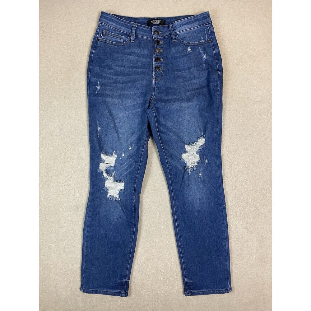 Judy Blue Jeans Womens 9/29 Blue Boyfriend Fit Distressed Stretch Denim Adult
